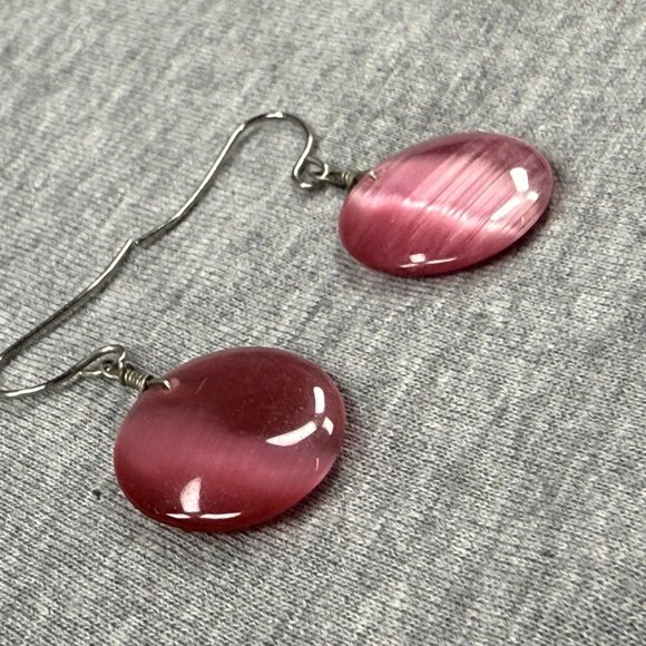 Pink Cats Eye Drop Earrings With Silver Tone Hooks Pierced Women Jewelry - Picture 2 of 14